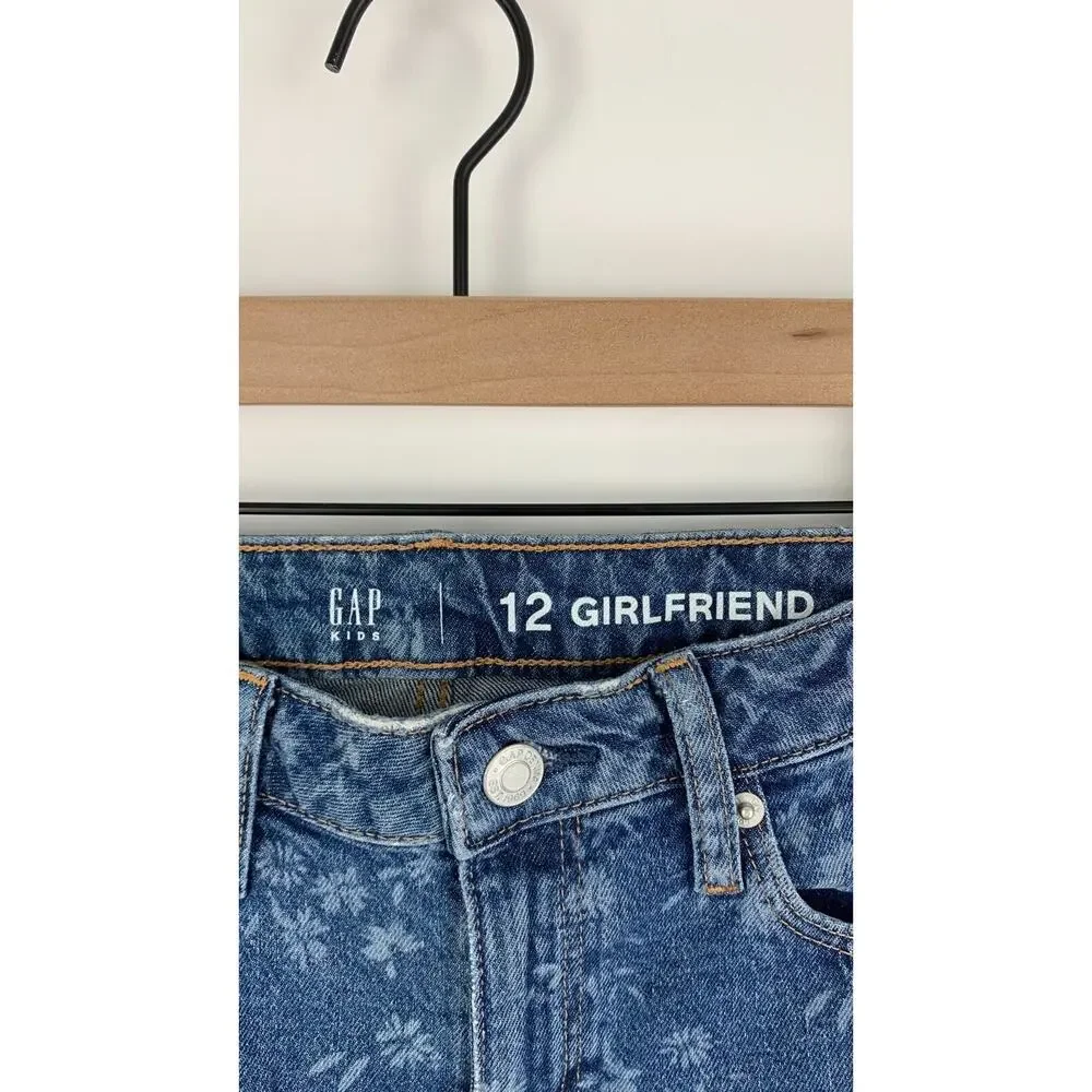 GAP Kids Girlfriend Blue Denim Floral Jeans Straight Leg Medium Wash Girls 12